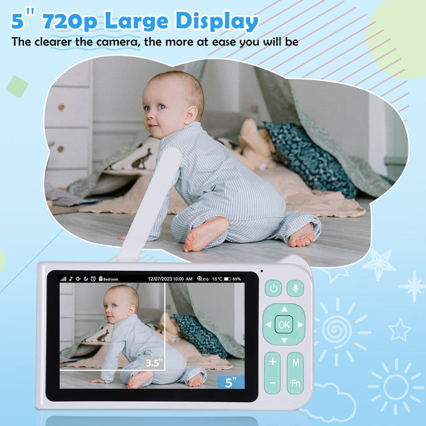 2-Pack 1080p FHD Baby Monitor with 5” Display, 3000ft Range, 2-Way Audio, Night Vision, Lullabies, 5000mAh Battery and Pan Tilt Zoom | B180 Blue