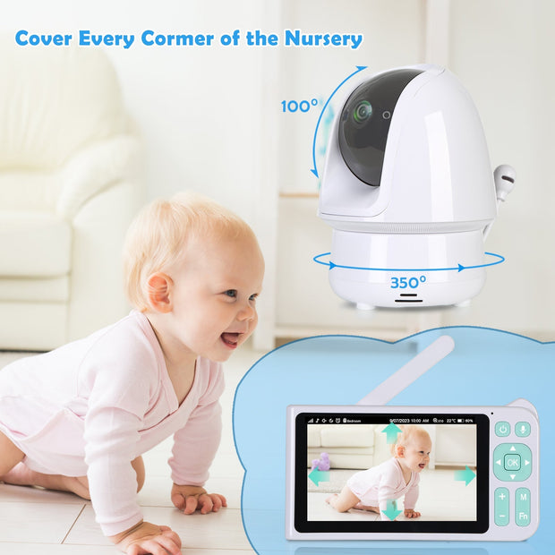 1080p FHD Baby Monitor with 5” Display, 3000ft Range, 2-Way Audio, Night Vision, Lullabies, 5000mAh Battery and Pan Tilt Zoom | B180 White